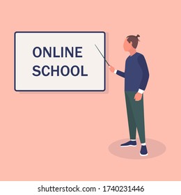 Vector cartoon character of a man standing at the blackboard with a pointer in his hand. Online School is written on the blackboard. Flat style banner for online school design, educational concepts.