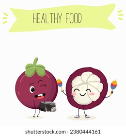 Vector cartoon character mangosteen, funny vegetables, fruits. Fresh harvest, exotic, organic, vegetarian products, children's birthday, price tag, sticker.
