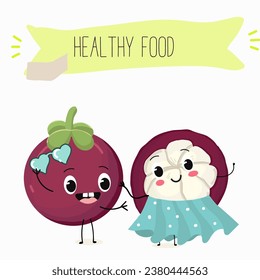 Vector cartoon character mangosteen, funny vegetables, fruits. Fresh harvest, exotic, organic, vegetarian products, children's birthday, price tag, sticker.