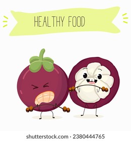 Vector cartoon character mangosteen, funny vegetables, fruits. Fresh harvest, exotic, organic, vegetarian products, children's birthday, price tag, sticker.