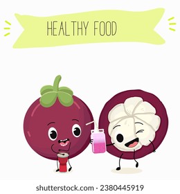 Vector cartoon character mangosteen, funny vegetables, fruits. Fresh harvest, exotic, organic, vegetarian products, children's birthday, price tag, sticker.