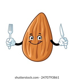 vector cartoon, character, and mascot of an almond holding fork and knife.