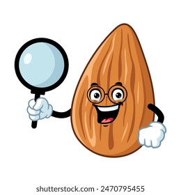 vector cartoon, character, and mascot of an almond holding loupe.