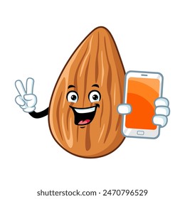 vector cartoon, character, and mascot of an almond holding smartphone.