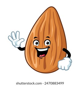 vector cartoon, character, and mascot of an almond with wave hand.