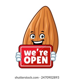 vector cartoon, character, and mascot of an almond holding open signboard.