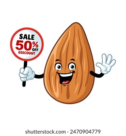 vector cartoon, character, and mascot of an almond holding discount signboard.