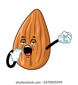 vector cartoon, character, and mascot of an almond with yawning expression face.