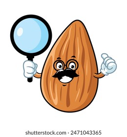 vector cartoon, character, and mascot of an almond holding loupe.