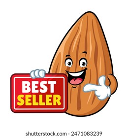 vector cartoon, character, and mascot of an almond holding best seller signboard.