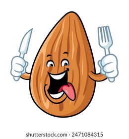 vector cartoon, character, and mascot of an almond holding knife and fork.