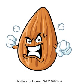 vector cartoon, character, and mascot of an almond with angry expression face.