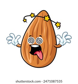 vector cartoon, character, and mascot of an almond with dizzy expression face.