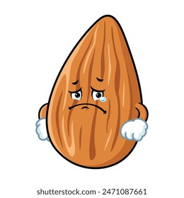 vector cartoon, character, and mascot of an almond with sad expression face.