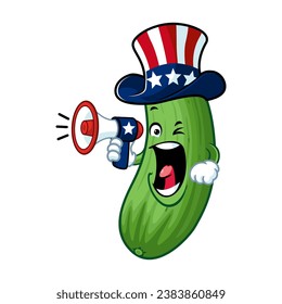 vector cartoon, character, and mascot of a american cucumber holding megaphone.