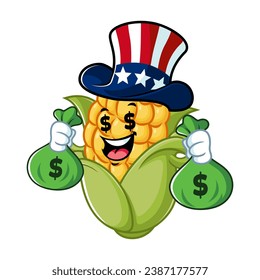 vector cartoon, character, and mascot of an american corn holding money bag.