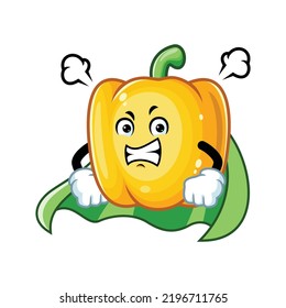 vector cartoon, character, and mascot of an angry yellow paprika superhero.