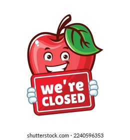 vector cartoon, character, and mascot of an Apple holding closed signboard.
