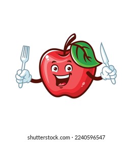 vector cartoon, character, and mascot of an Apple holding fork and knife.