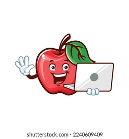 vector cartoon, character, and mascot of an Apple holding laptop.