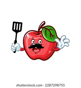 vector cartoon, character, and mascot of an Apple holding spatula.