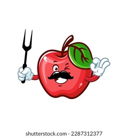 vector cartoon, character, and mascot of an Apple holding grilled fork.