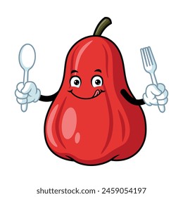 vector cartoon, character, and mascot of an apple water holding spoon and fork.