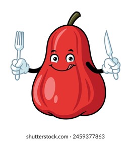 vector cartoon, character, and mascot of an apple water holding fork and knife.