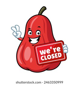 vector cartoon, character, and mascot of an apple water holding closed signboard.