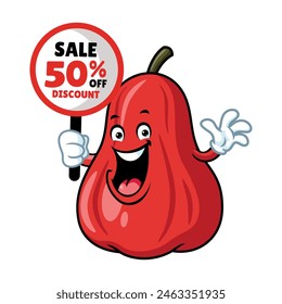vector cartoon, character, and mascot of an apple water holding discount signboard.
