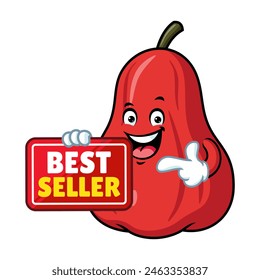 Vector de dibujos animados, personaje y mascota de una manzana de agua sosteniendo el cartel de best seller.