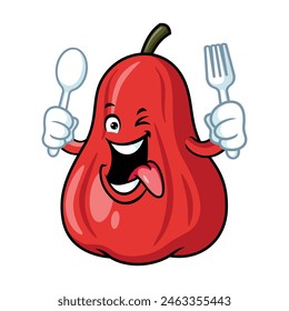 vector cartoon, character, and mascot of an apple water holding spoon and fork.