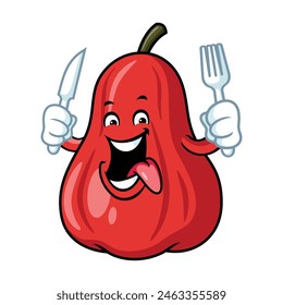 vector cartoon, character, and mascot of an apple water holding knife and fork.