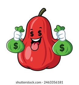 vector cartoon, character, and mascot of an apple water holding money bag.