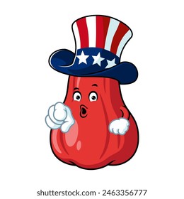 vector cartoon, character, and mascot of an apple water wearing uncle sam hat.