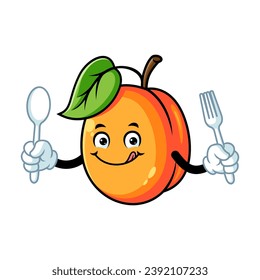 vector cartoon, character, and mascot of an apricot holding spoon and fork.