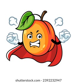 vector cartoon, character, and mascot of an apricot superhero with angry expression face.