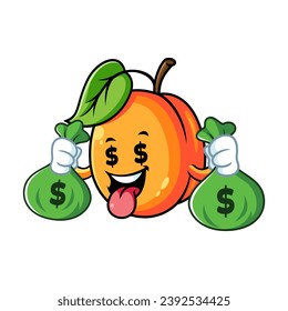 vector cartoon, character, and mascot of an apricot holding money bag.
