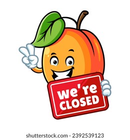 vector cartoon, character, and mascot of an apricot holding closed signboard.