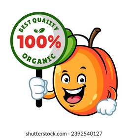 vector cartoon, character, and mascot of an apricot holding organic signboard.