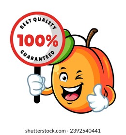 vector cartoon, character, and mascot of an apricot holding guaranteed signboard.