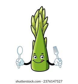 vector cartoon, character, and mascot of an asparagus holding spoon and fork.