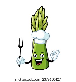 vector cartoon, character, and mascot of an asparagus holding grilled fork.