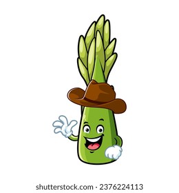 vector cartoon, character, and mascot of an asparagus wearing cowboy hat.