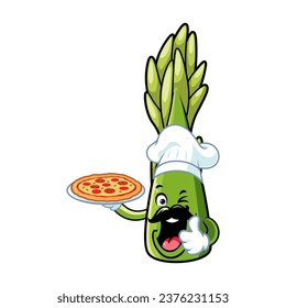 vector cartoon, character, and mascot of an asparagus holding pizza.