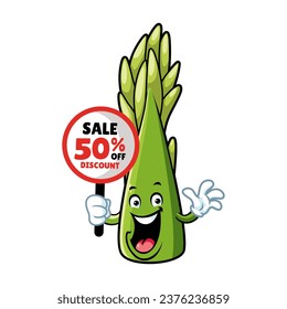 vector cartoon, character, and mascot of an asparagus holding discount signboard.