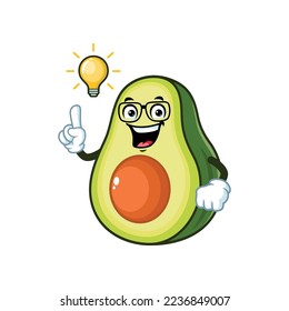 vector cartoon, character, and mascot of an avocado wearing eyeglasses get an idea.