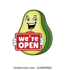 vector cartoon, character, and mascot of an avocado holding open signboard.