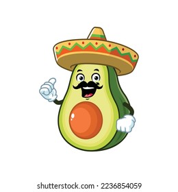 vector cartoon, character, and mascot of an avocado wearing sombrero hat.