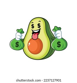 vector cartoon, character, and mascot of an avocado holding money bags.